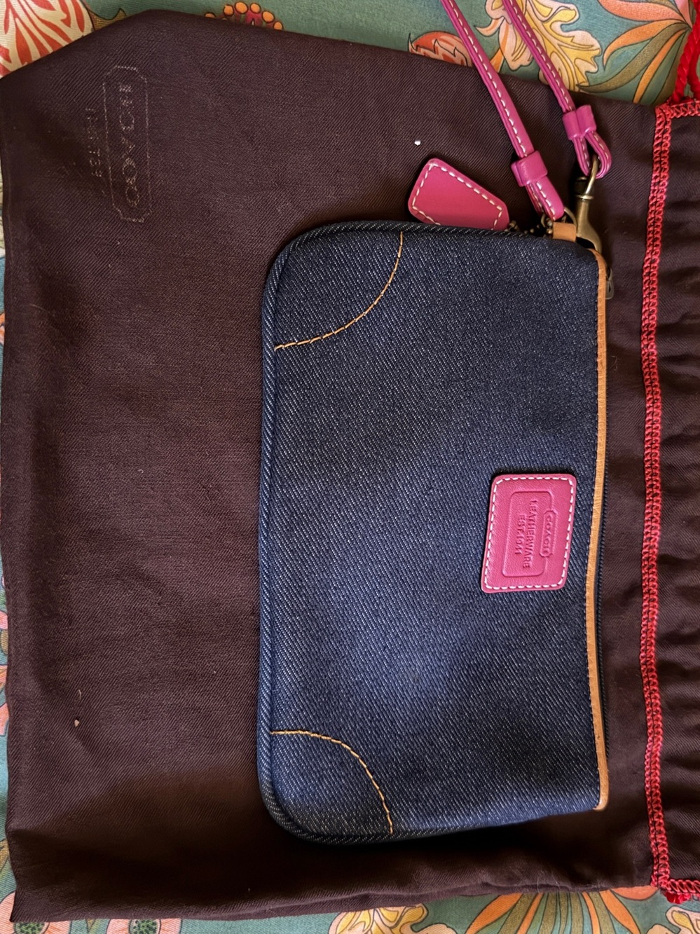 Vintage Coach Denim Wristlet With Pink Name Plate